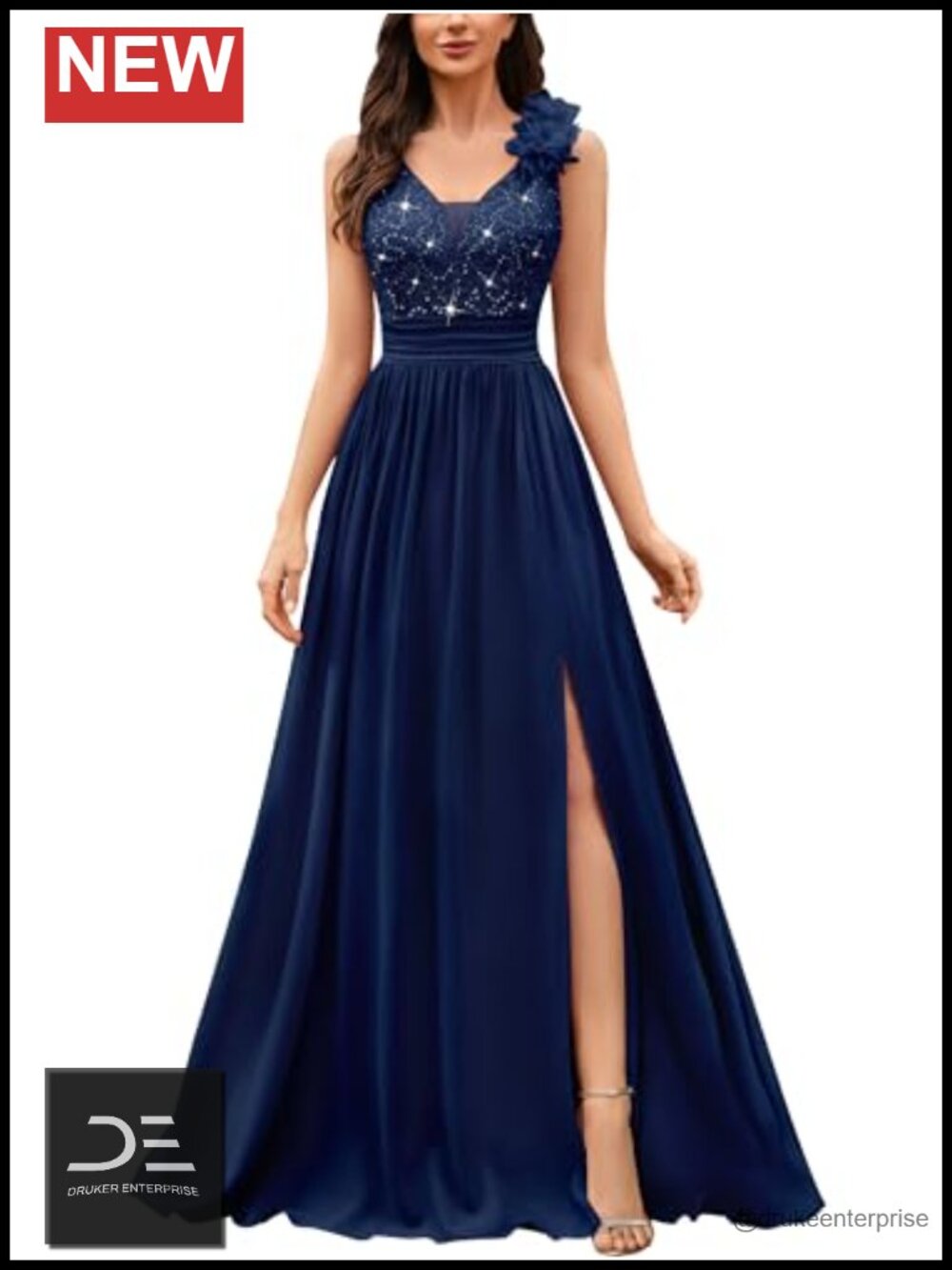 Miusol Sequined Lace V-Neck Sleeveless A-Line Evening Maxi Dress